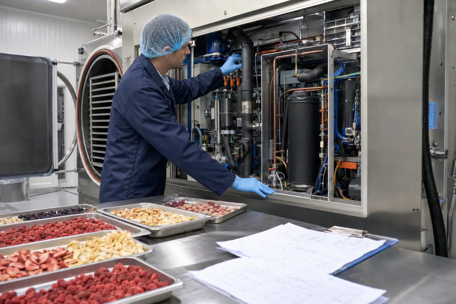 Engineer developing a vacuum freeze dryer alongside processed food samples