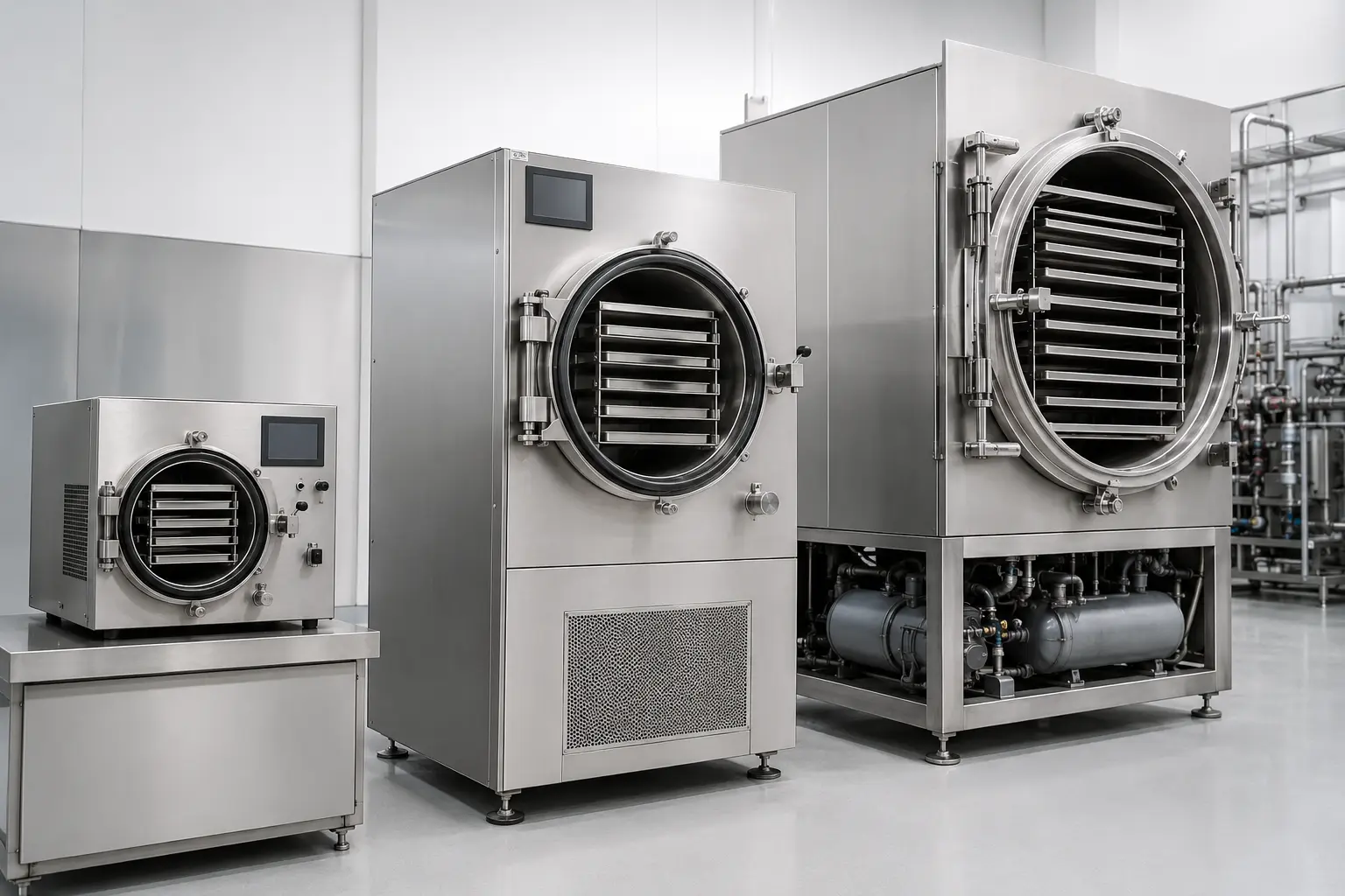 Range of benchtop, pilot and industrial stainless-steel vacuum freeze dryers