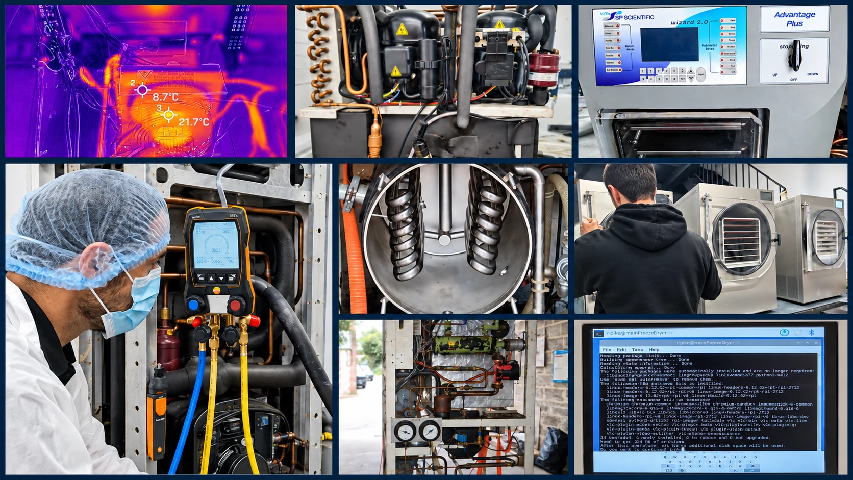 Freeze dryer engineering work: thermal diagnostics, refrigeration repairs, vacuum chamber components, control systems and commissioning