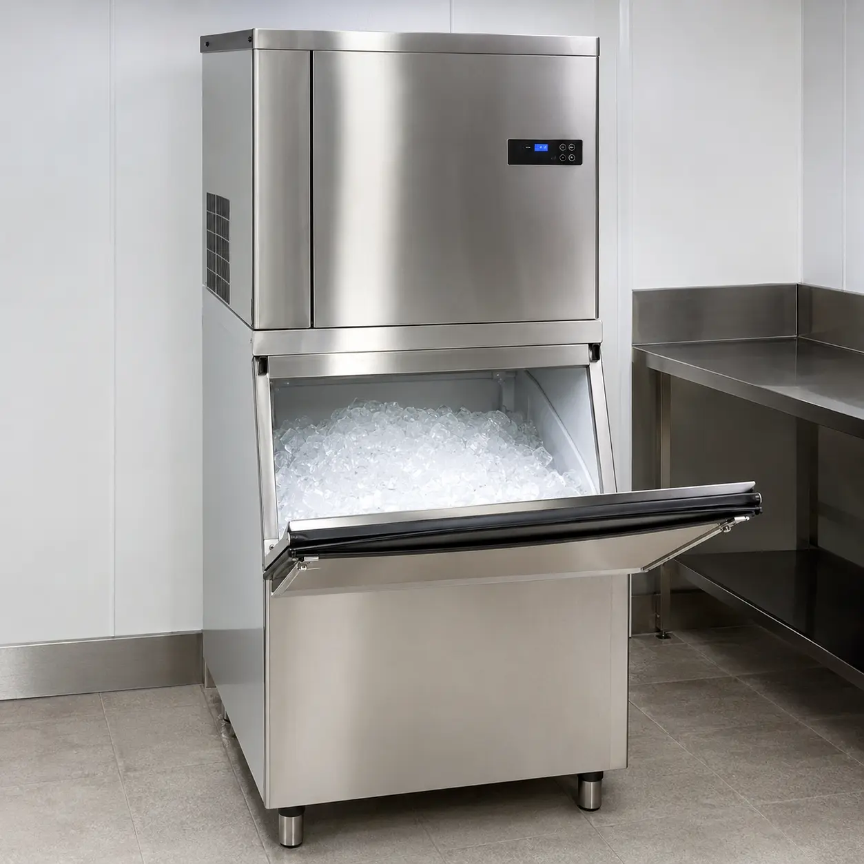 Representative commercial stainless-steel ice machine with an open ice-storage bin